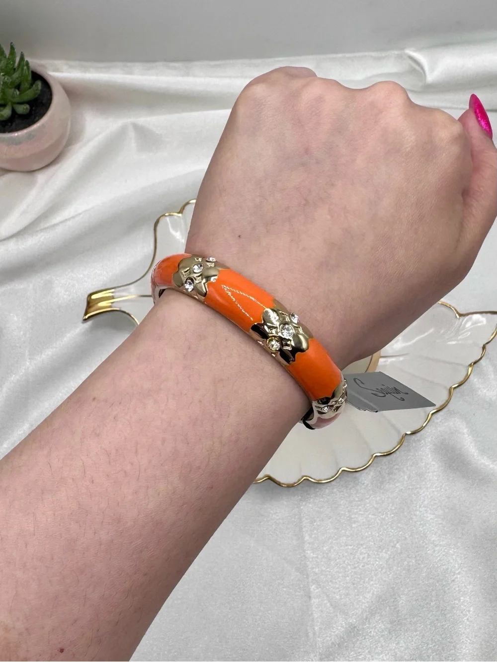 Orange Enamel Gold Tone Crystal Floral Hinged Bangle Bracelet